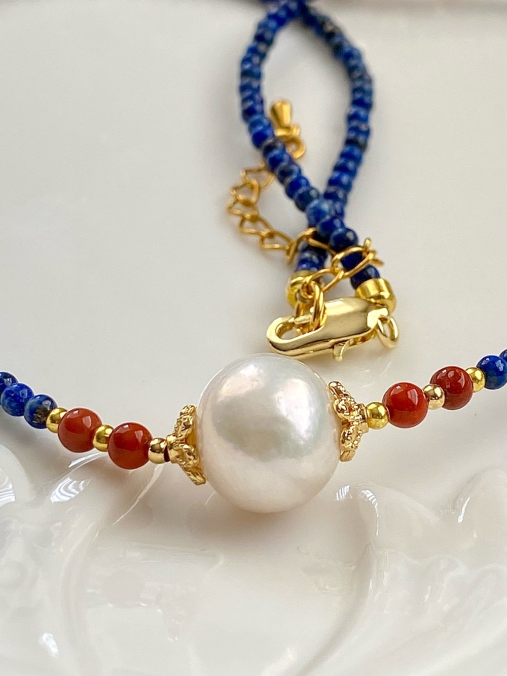 GP59-Lapis Lazuli, Red Agate And Edison Pearl Necklace - Picture 12 of 15
